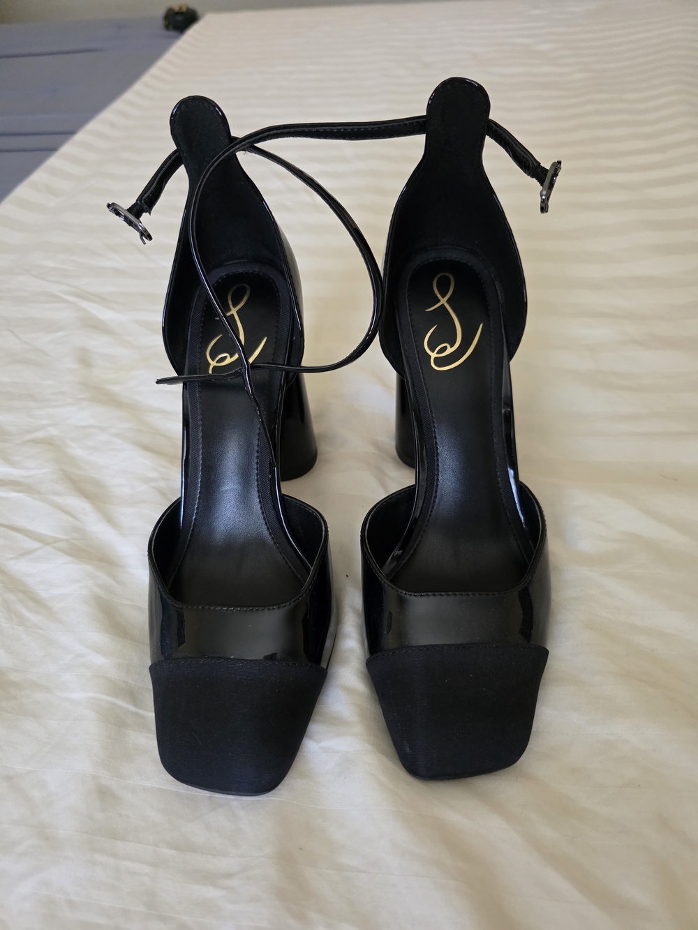 Sam Edelman Black Ankle-Strap Patent & Suede Block Heel Sandals